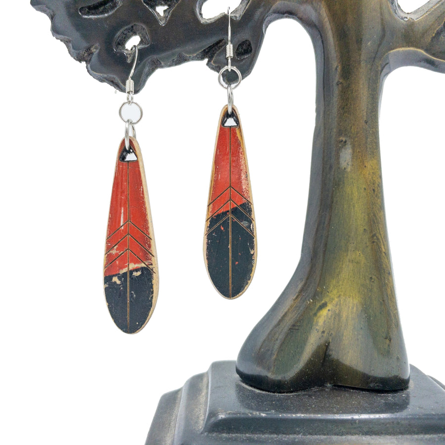 Kee Wood Earrings Feather Black Red front