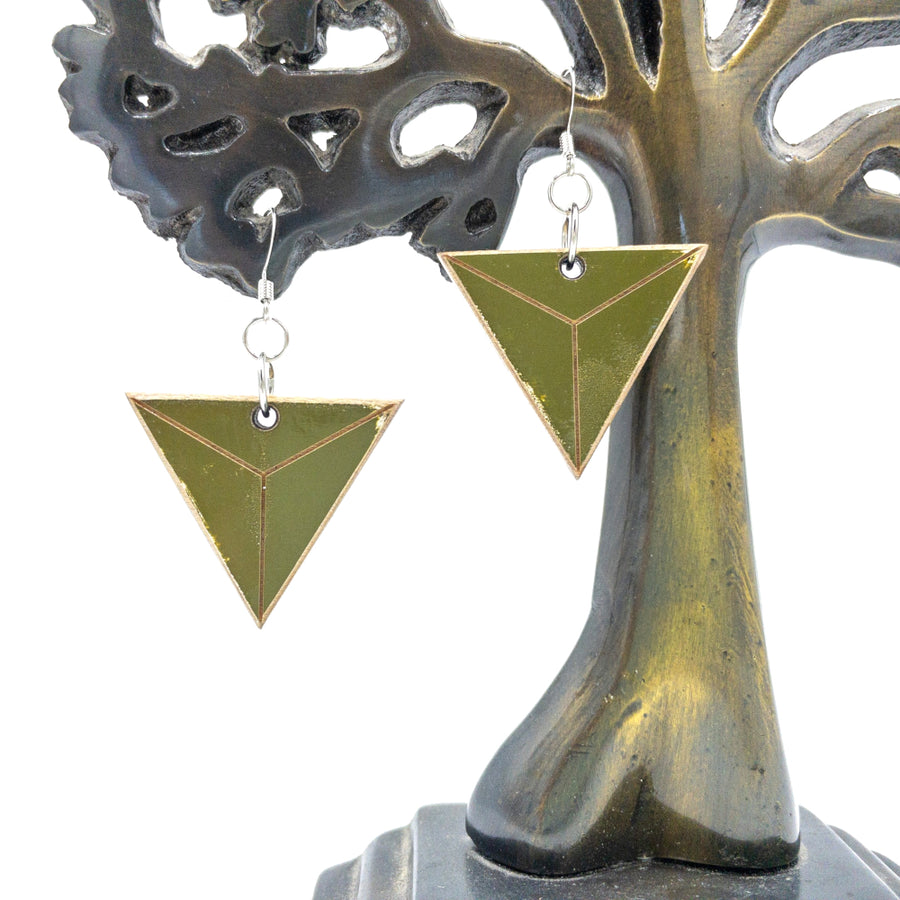 Kee Wood Earrings Triangle Olive hanging
