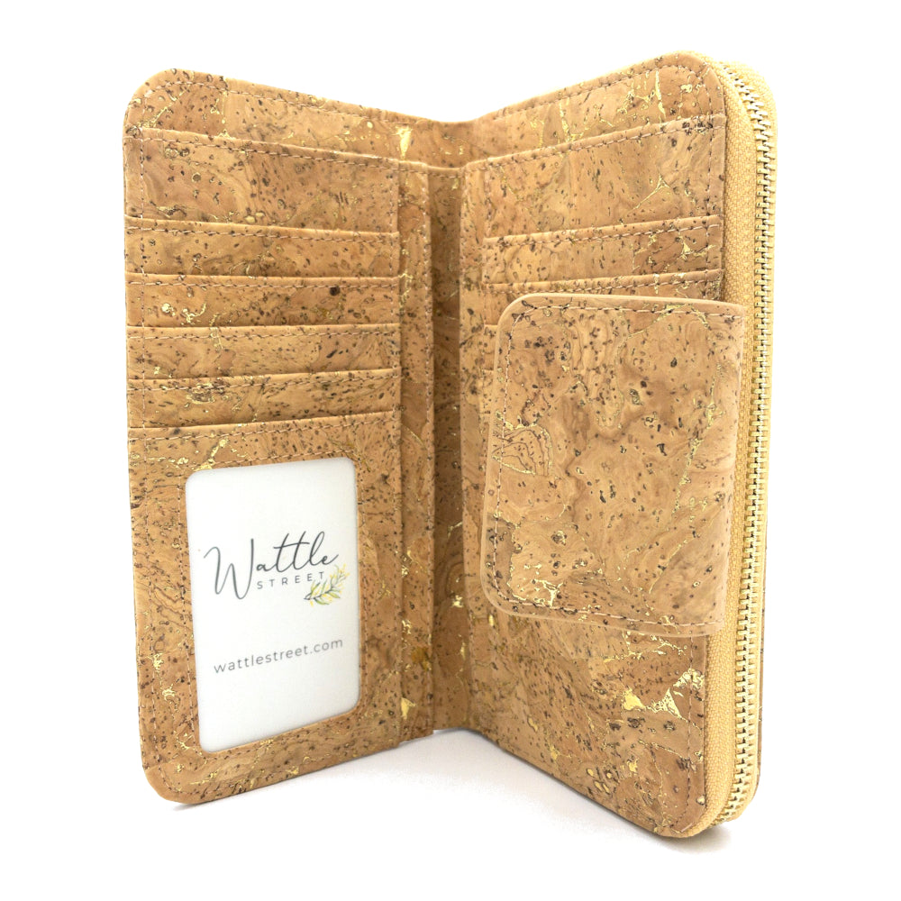 Lucy Bifold Cork Purse Natural with Golden card slots