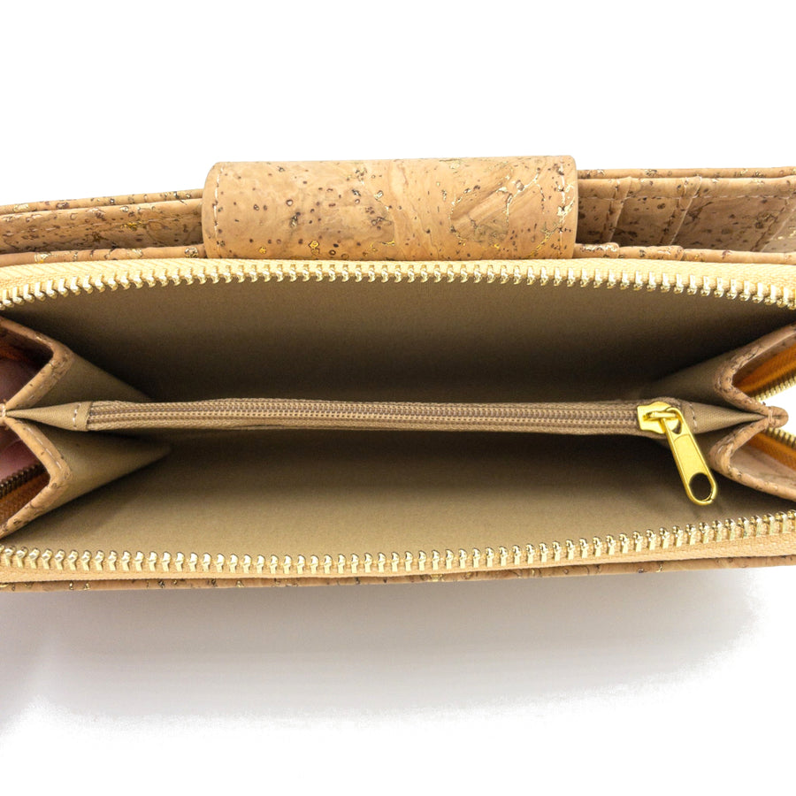 Lucy Bifold Cork Purse Natural with Golden zipper section