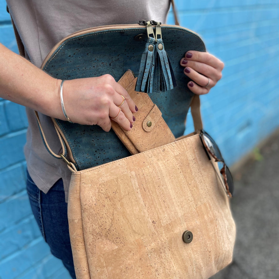 Products Sabine Cork Crossbody Bag Natural with Turquoise_lifestyle shot